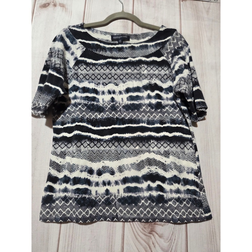 Jones New York Navy White Geometric Ikat Print Top Womens L Short Sleeve